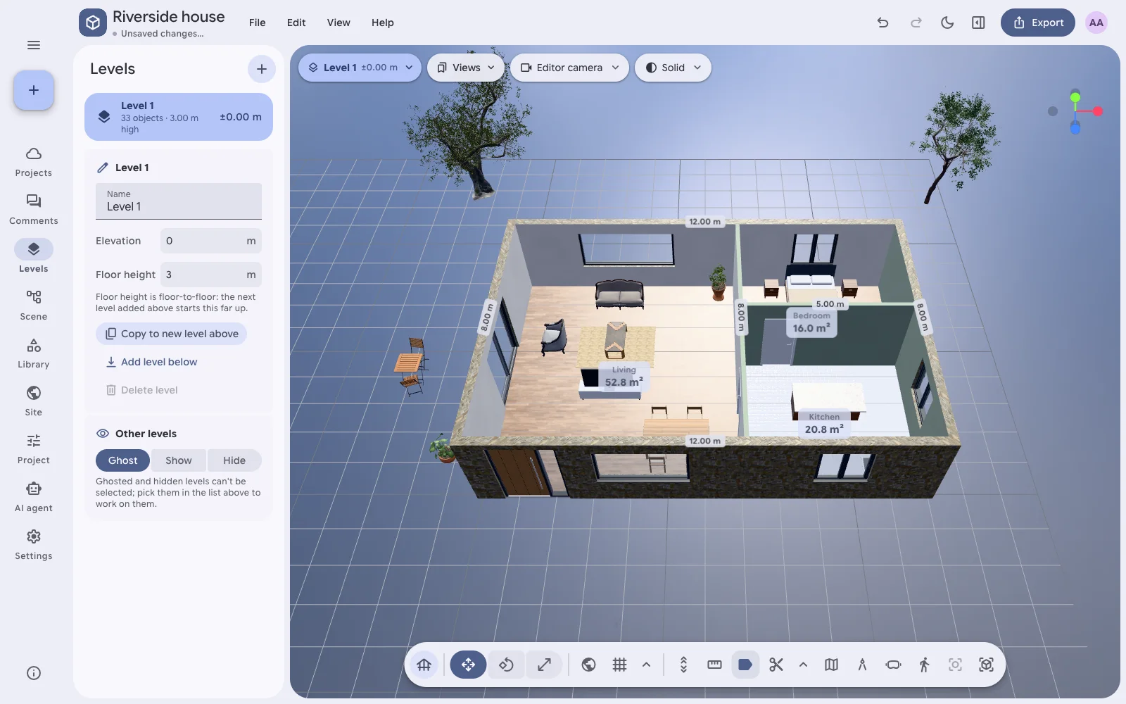 Walls and rooms with their areas in the Nexus3D editor